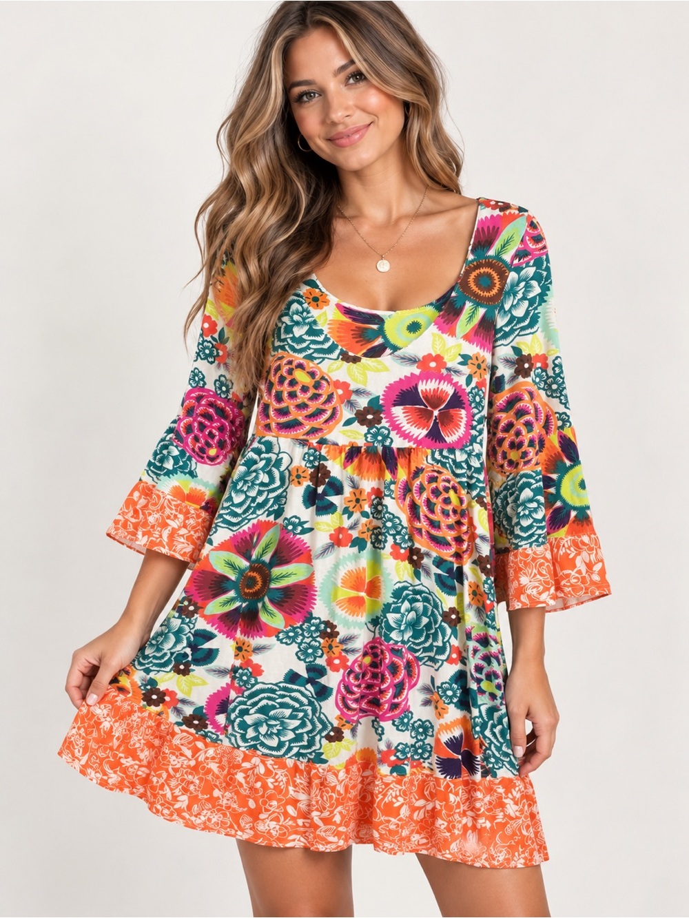 Uncle Frank Multicolor Floral Scoop-Neck Long Sleeve Dress